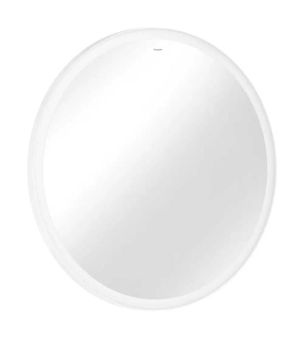 Runder Spiegel mit LED-Beleuchtung und mattweißer Umrandung, designed von Hansgrohe, für wandmontierte Nutzung.